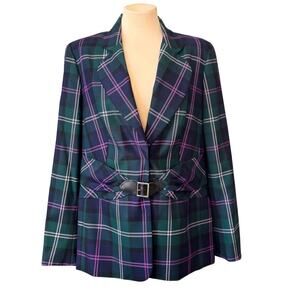 Escada Green & Purple Plaid Blazer with Belt